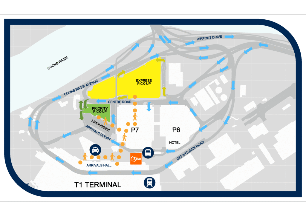 Sydney International Airport T1 arrival court to Priority Pickup walkway map