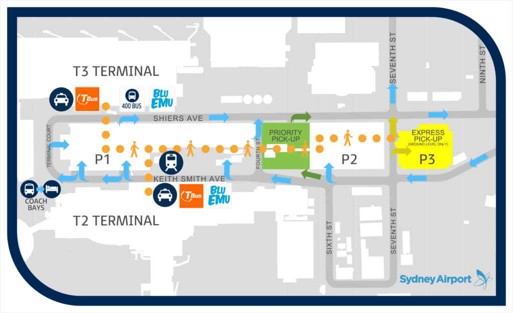 Sydney Domestic Airport T2 arrival court to Priority Pickup walkway map