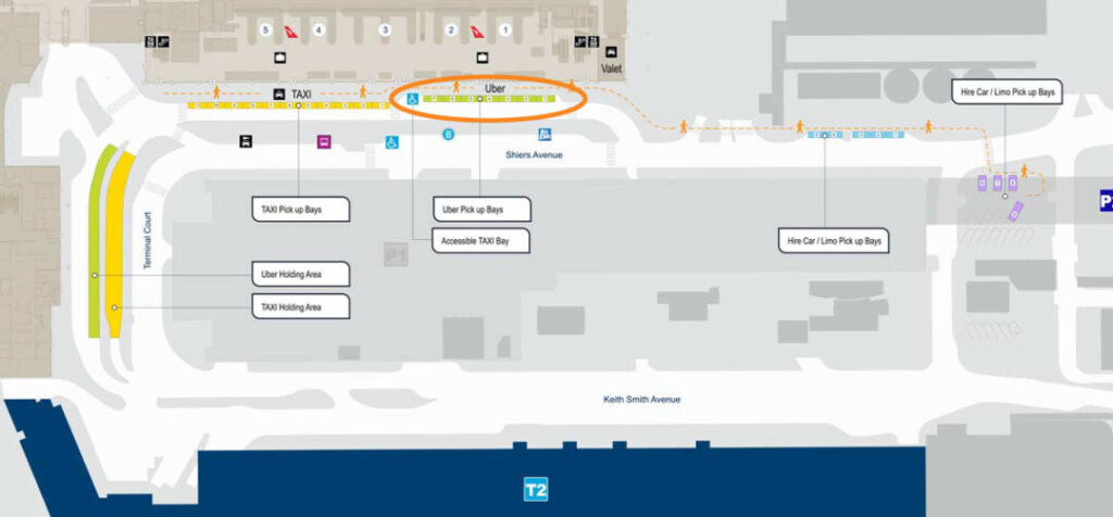 Sydney Domestic Airport arrival court to Priority Pickup walkway map